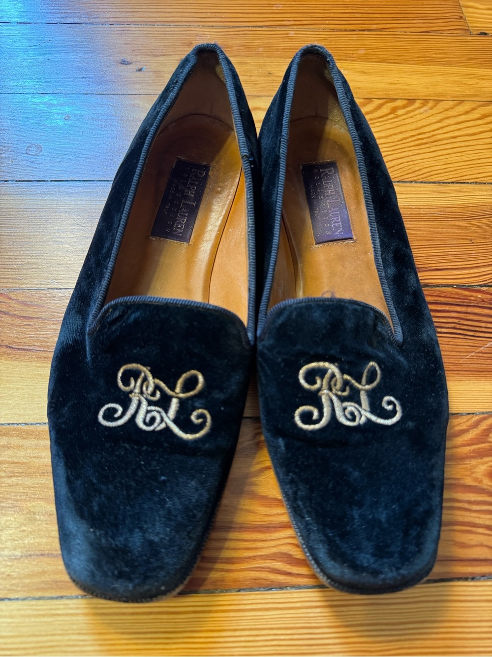 Ralph Lauren Collection Purple Label Black Velvet Women's Monogram Loafers
